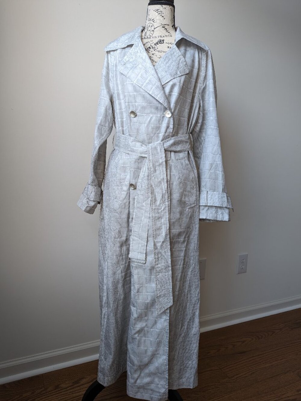 Vintage Long Belted Trench Coat Croc Ivory Duster Lightweight Size EU 38 US M
